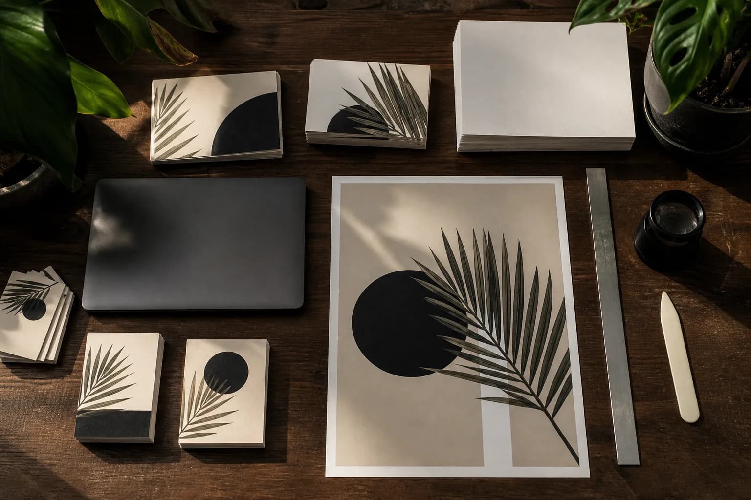 A proofing desk: printed samples, a straightedge, a loupe, and a bone folder laid out beside a closed laptop.