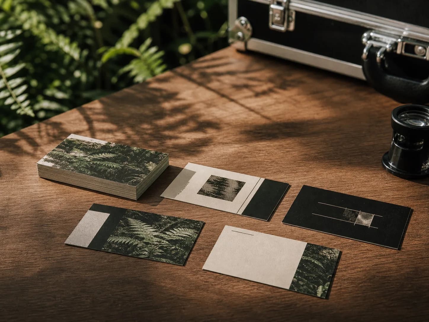 The same cards laid out flat beside a loupe, showing the matte surface under raking light.